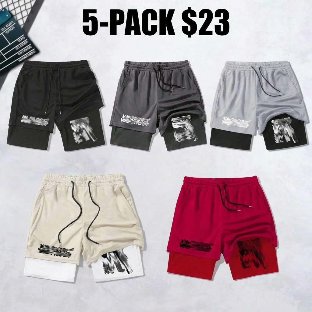 Men's Regular Fit Letter & Gun Print 2 in 1 Drawstring Waist Shorts, Casual Pocket Track Shorts for Summer