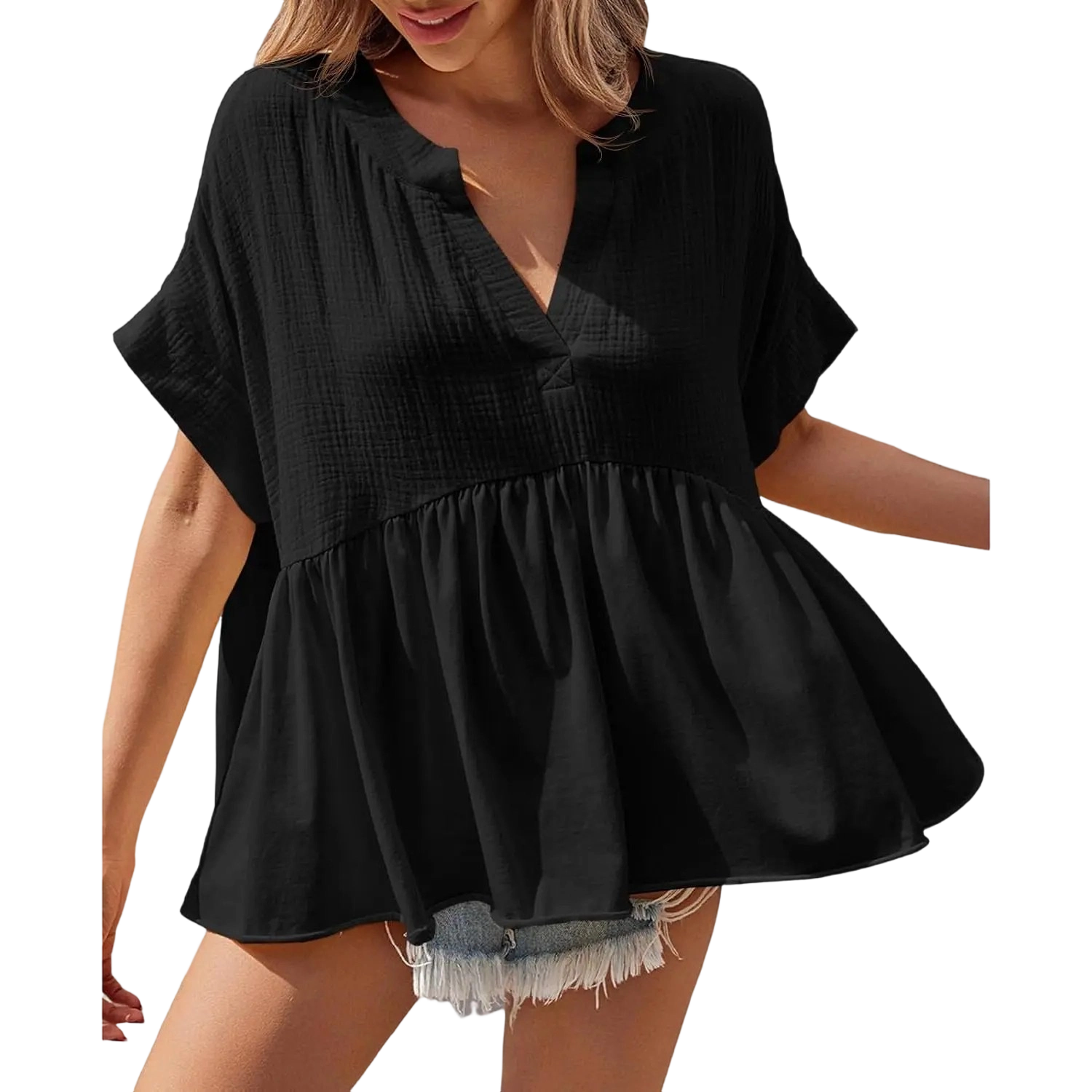 Womens Summer Babydoll Tops V Neck Short Sleeve Pleated Flowy Shirts