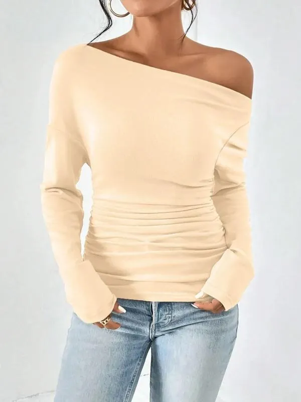 Women's Plain Ruched Asymmetrical Neck Drop Shoulder Tee