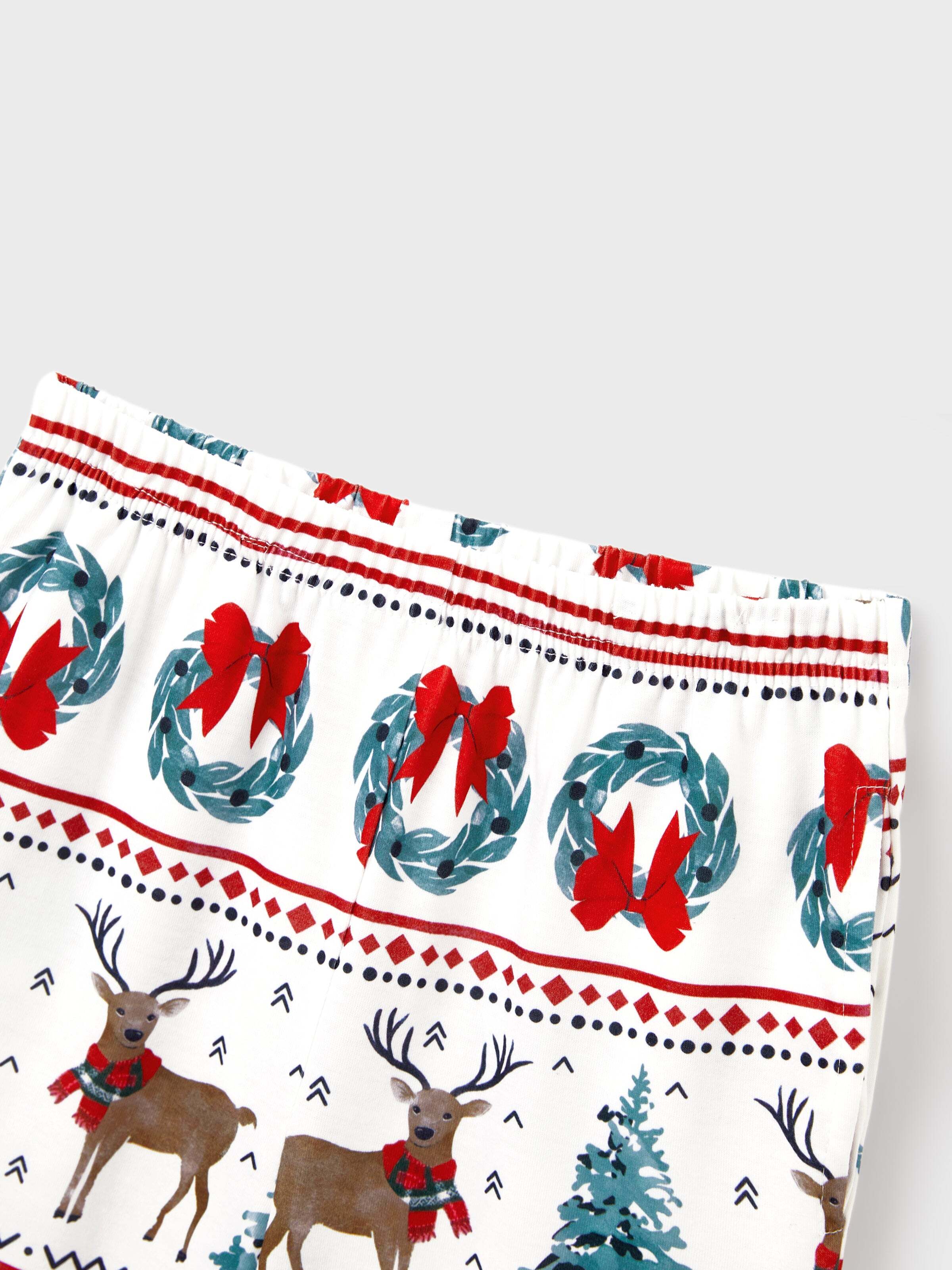 Christmas Matching Family Pajamas Set Christmas Elk and Bell Print Striped PJS with Christmas Socks White