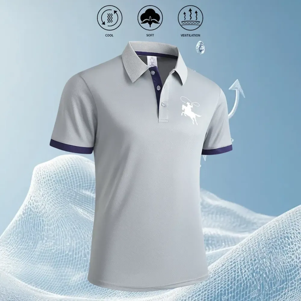 Men's Summer Short Sleeve Polo Shirts with Stylish Contrasting Striped Neckline for Casual Wear Masculine Top