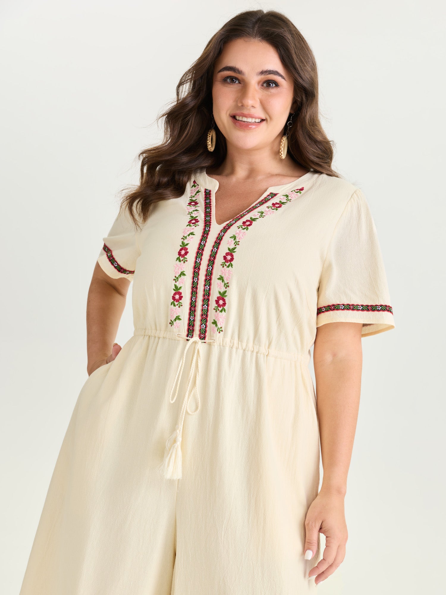 Floral Embroidered Tassel Waist Jumpsuit