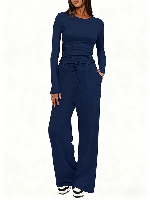 Women's Solid Ruched Drawstring Loungewear Set