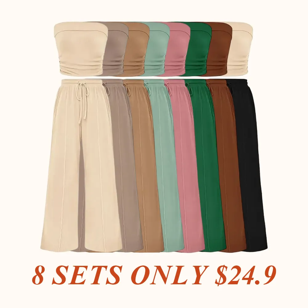 Womens Summer Outfits 2 Piece Sets Casual Ribbed Knit Crop Tube Top Wide Leg Pants