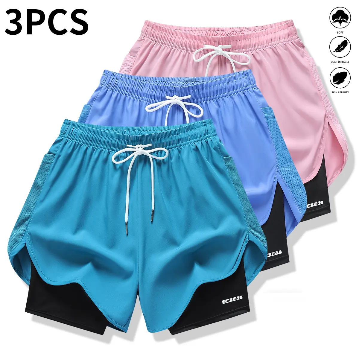 Pack of 3 women’s casual athletic pants, faux two-piece design, solid color, with inner lining, elastic drawstring waistband