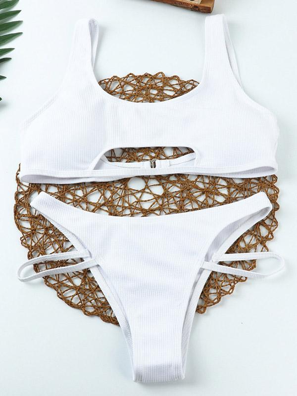 Solid Color Hollow Vest Style Split Bikini Swimsuit