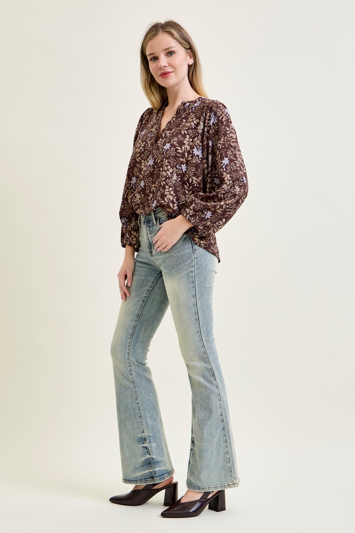 Megan Mid Rise Tinted Pin Tack Detail Flare Jeans