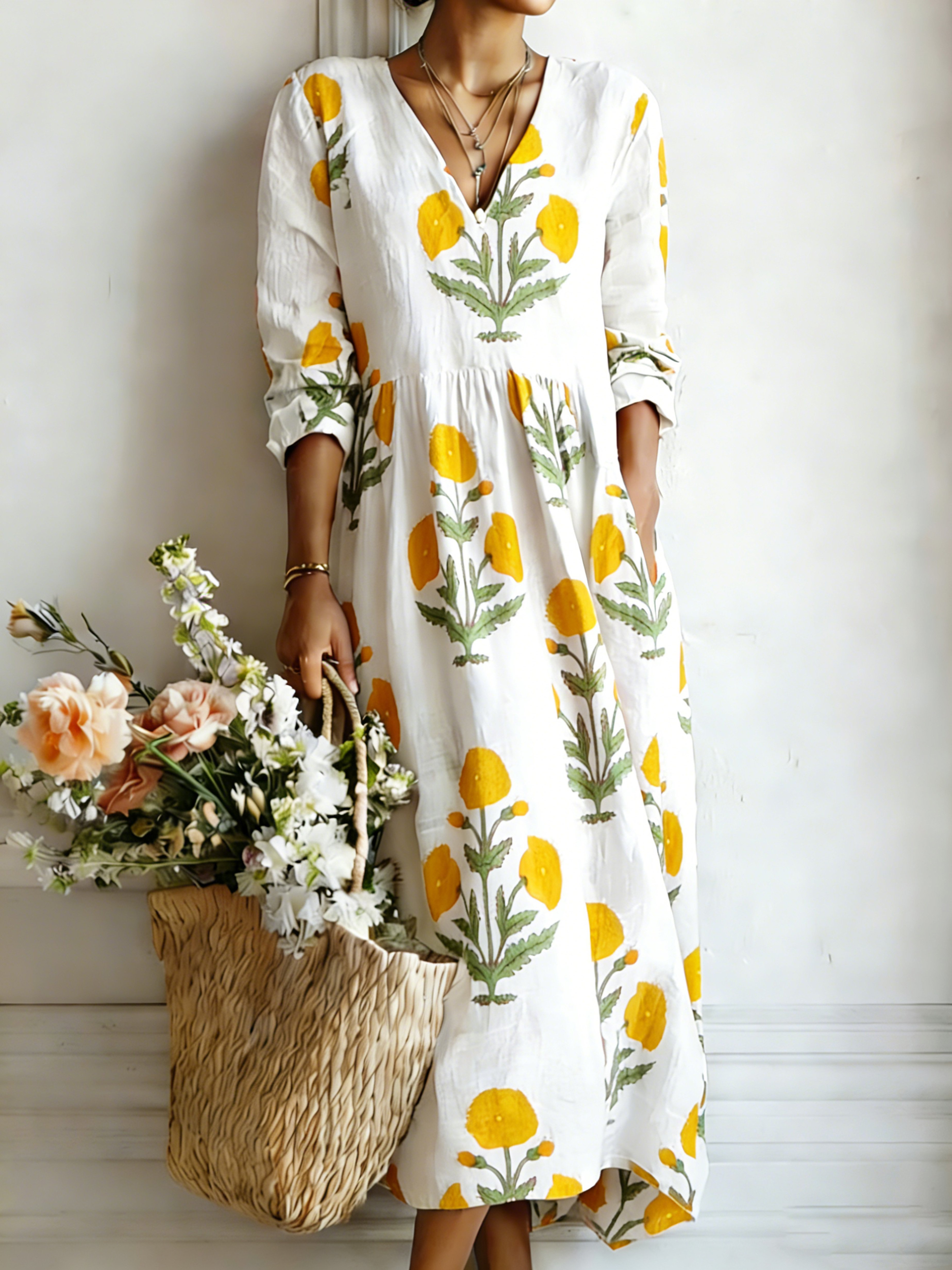 Elegant floral print V-neck linen-style dress for women- Fast Shipping