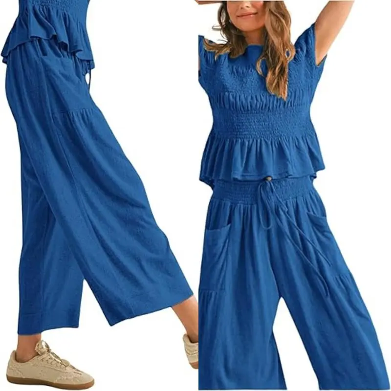 Womens 2 Piece Smocked Top Wide-Leg Pants Set