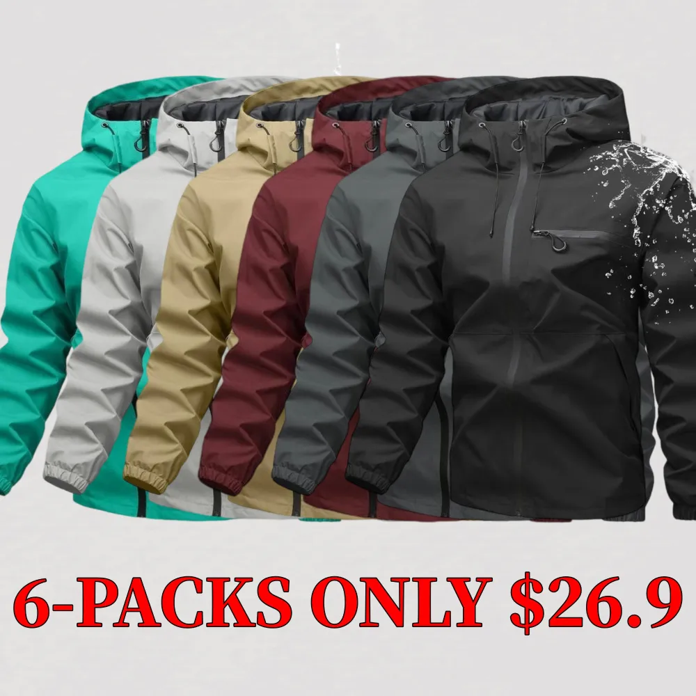 Men's solid color waterproof and windproof drawstring hooded jacket