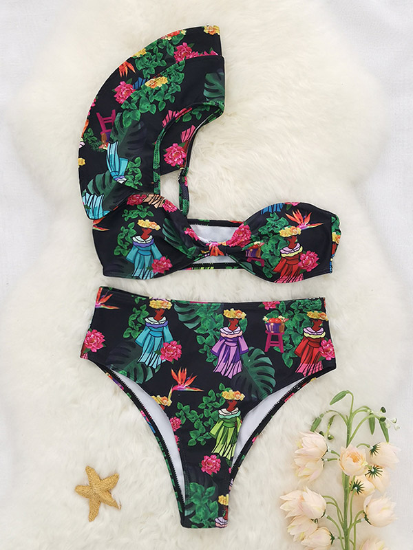 One-Shoulder Falbala High-Waisted Bikini Swimwear