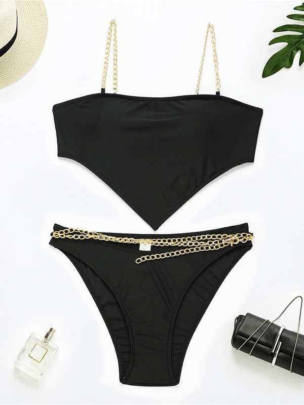 Ethnic Printed Metal Chain Spaghetti-Neck Bikini Swimwear