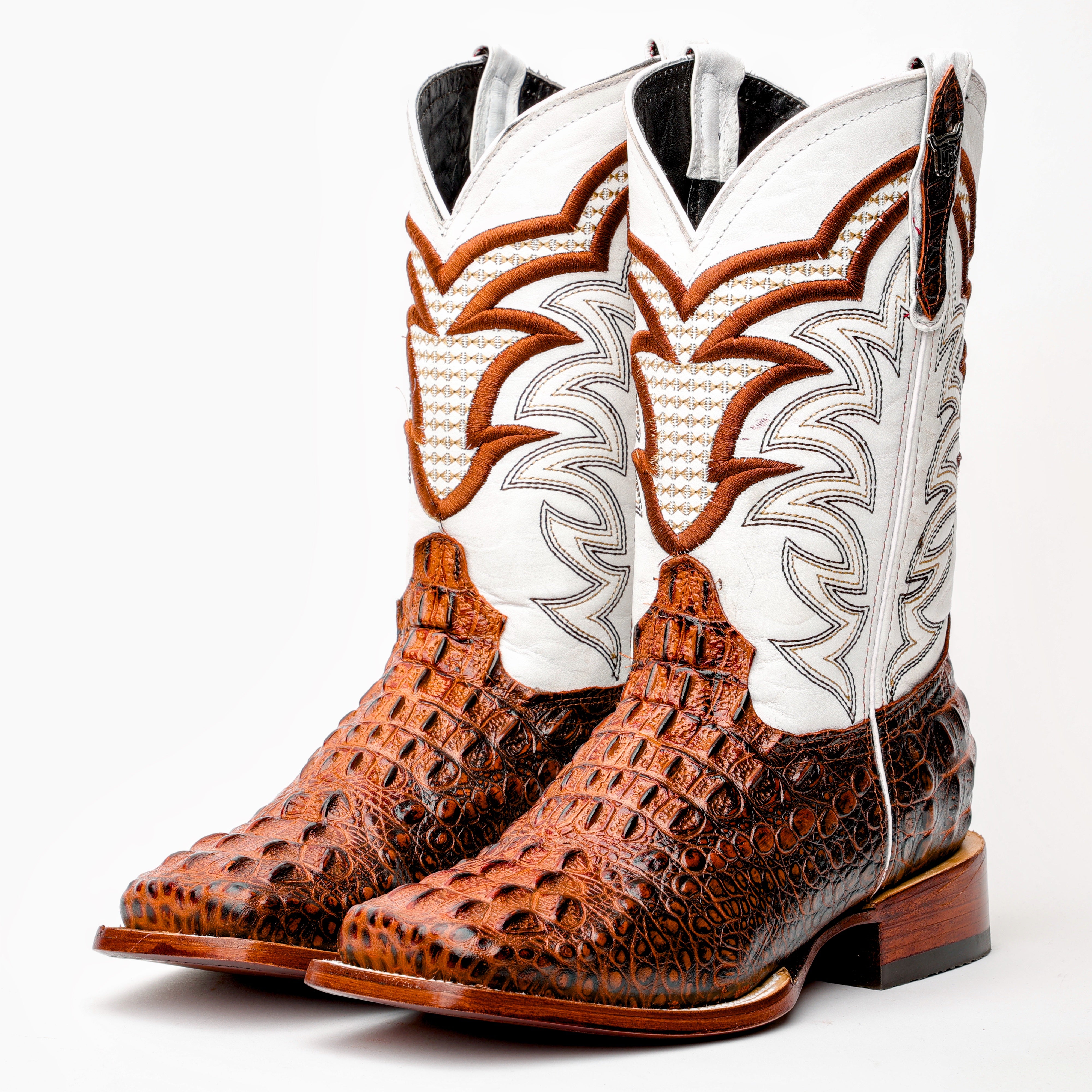Cognac Caiman Neck Leather Boots - Square Toe