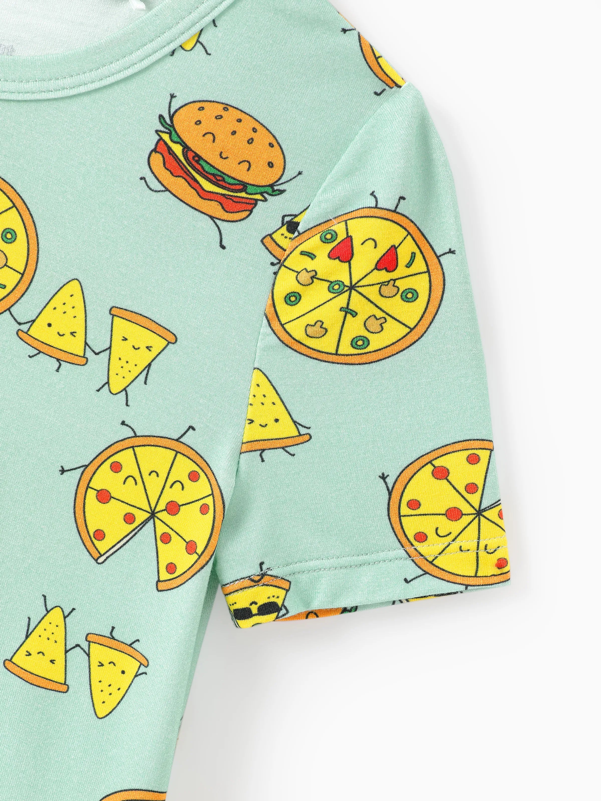 Bamboo Family Mint Green PJs Cute Cartoon Food Theme Print Short Sleeve & Long Pants Sleepwear Matching Pajama set (Snug-Fitting for Children) Light Blue