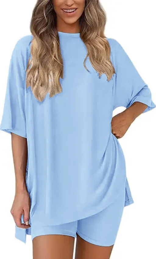 🔥Women's Two Piece Lounge Set 2026 Summer Casual Oversized Shirts Biker Shorts Matching Airport Travel Outfit