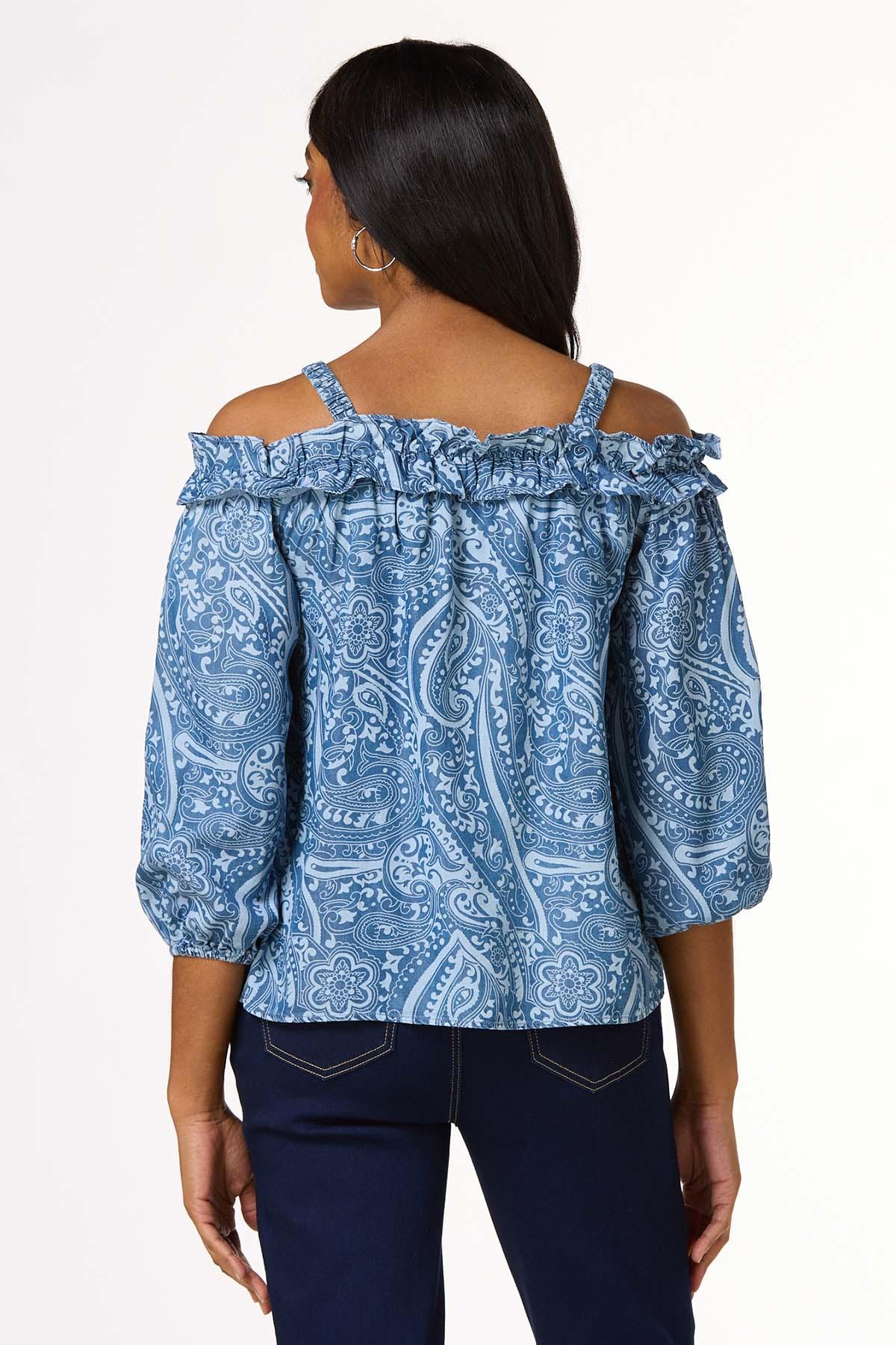 Chambray Paisley Cold Shoulder Top