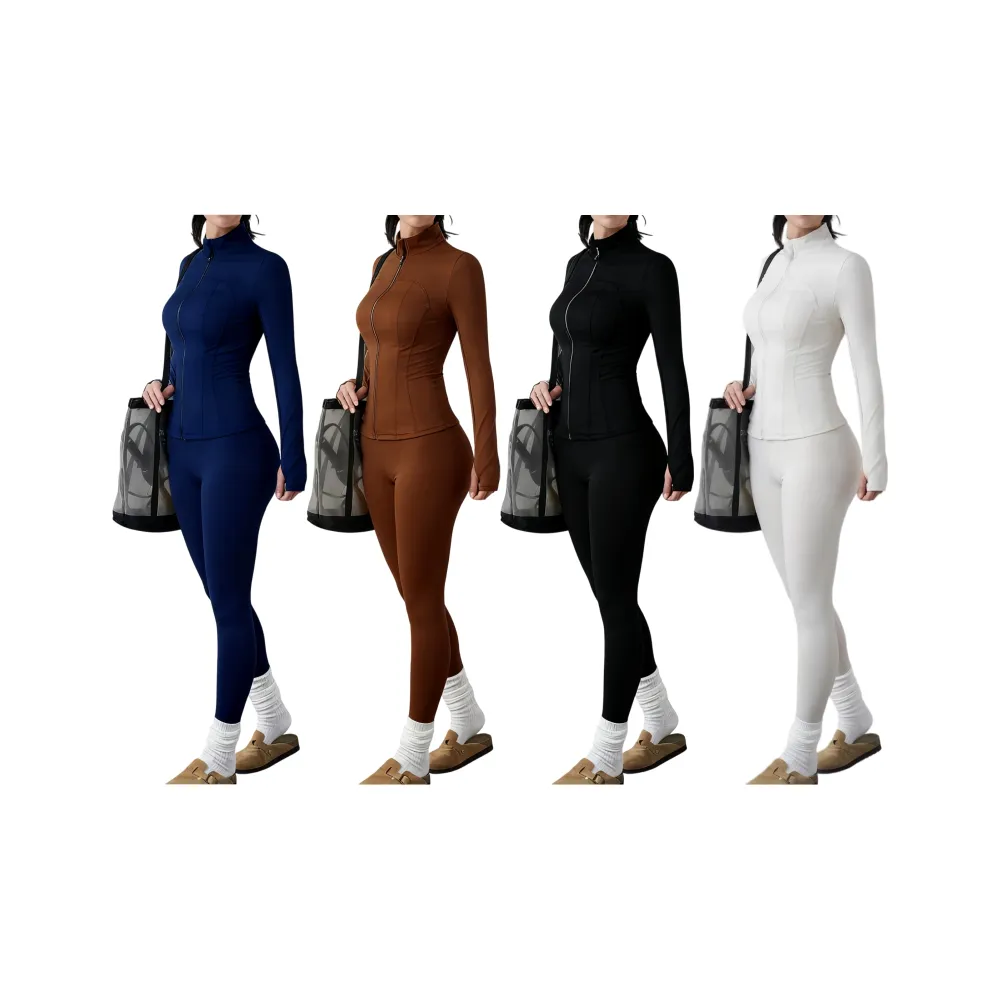 Women's Solid Zip Up Jacket & High Waist Leggings Tracksuit Set