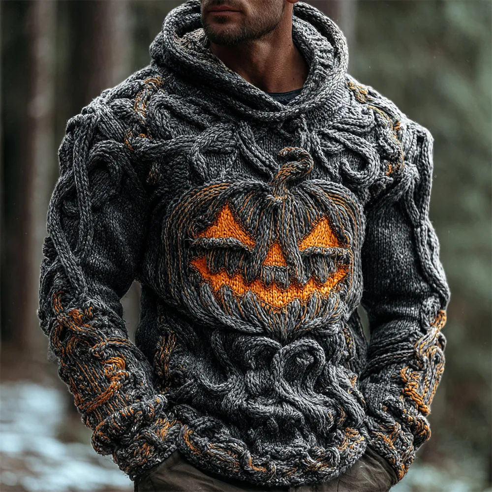 Halloween Pumpkin Emoji Men's Chunky Knit Hooded Sweater