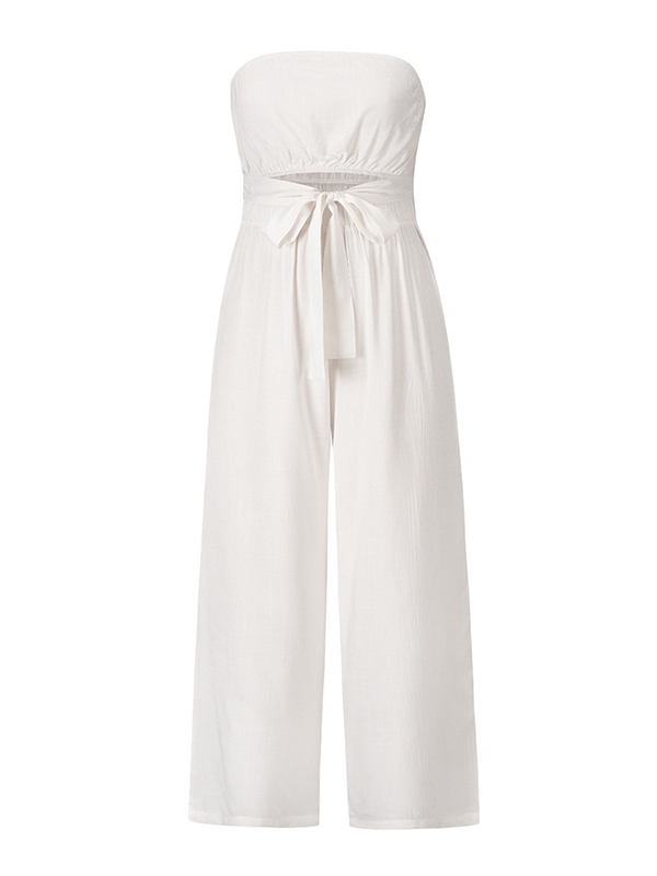 Original Cold Shoulder Tied Solid Color Straight Leg Jumpsuits