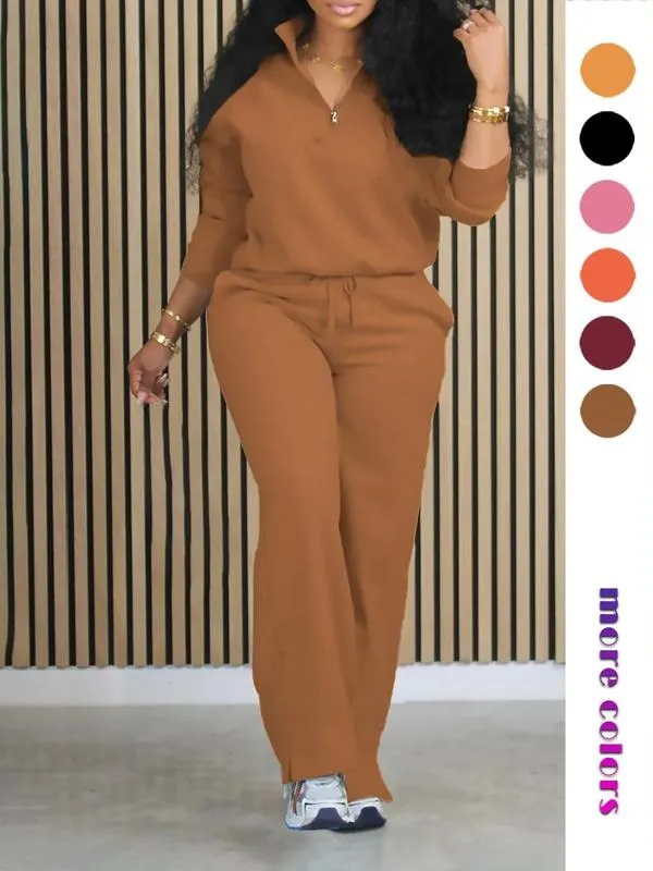 Women's Solid Half Placket Split Hem Pants Set