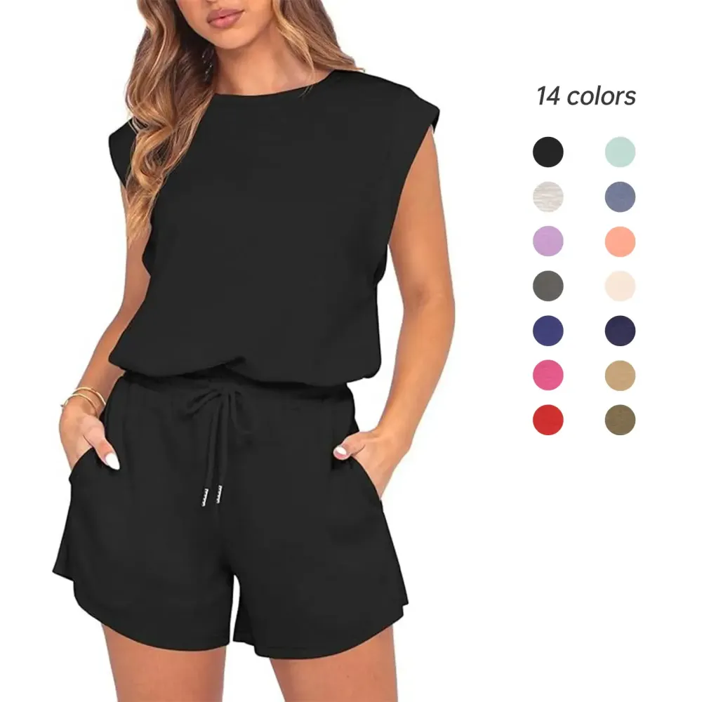 Women 2026 Summer Cap Sleeve Adjustable Drawstring Waistband Cozy Lounge Short Jumpsuit With Pocket