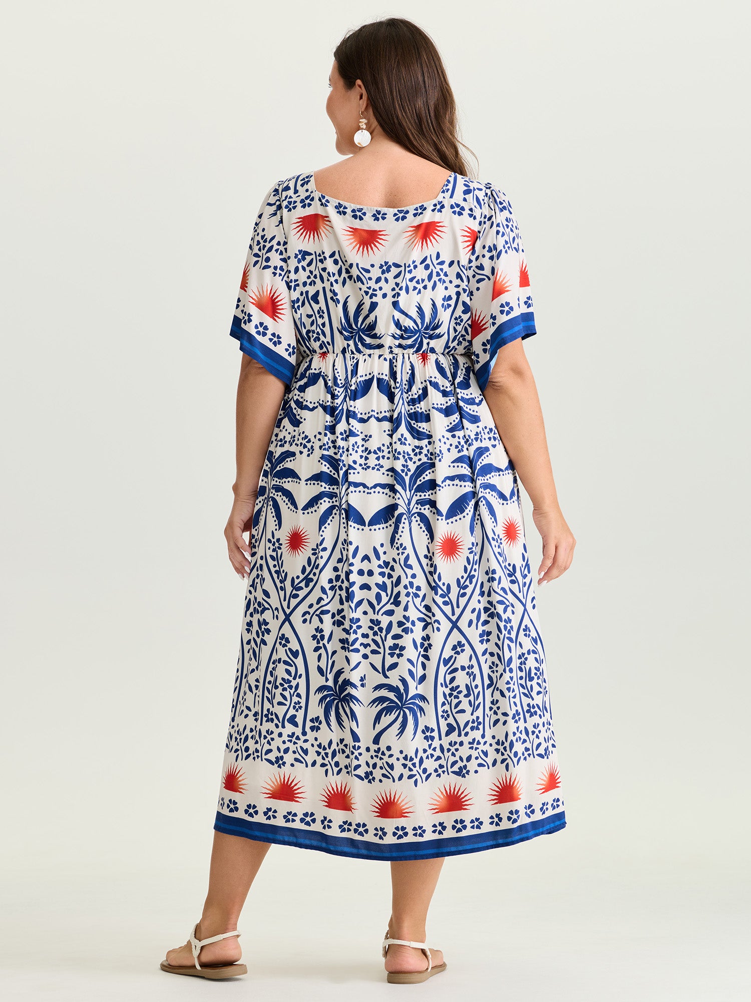 Tropical Print Flared Half-Sleeve Midi Dress