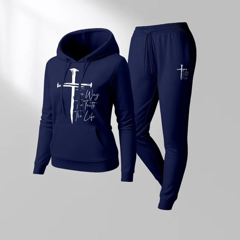 Women's Jesus on the Cross Print Hoodie And Drawstring Track Pants Set