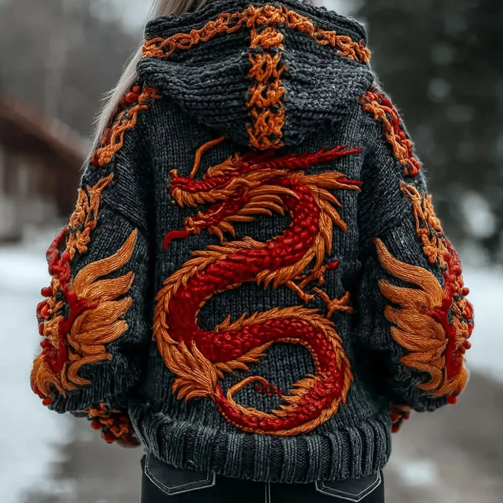 Women's Vintage Viking Celtic Dragon Chunky Hooded Sweater