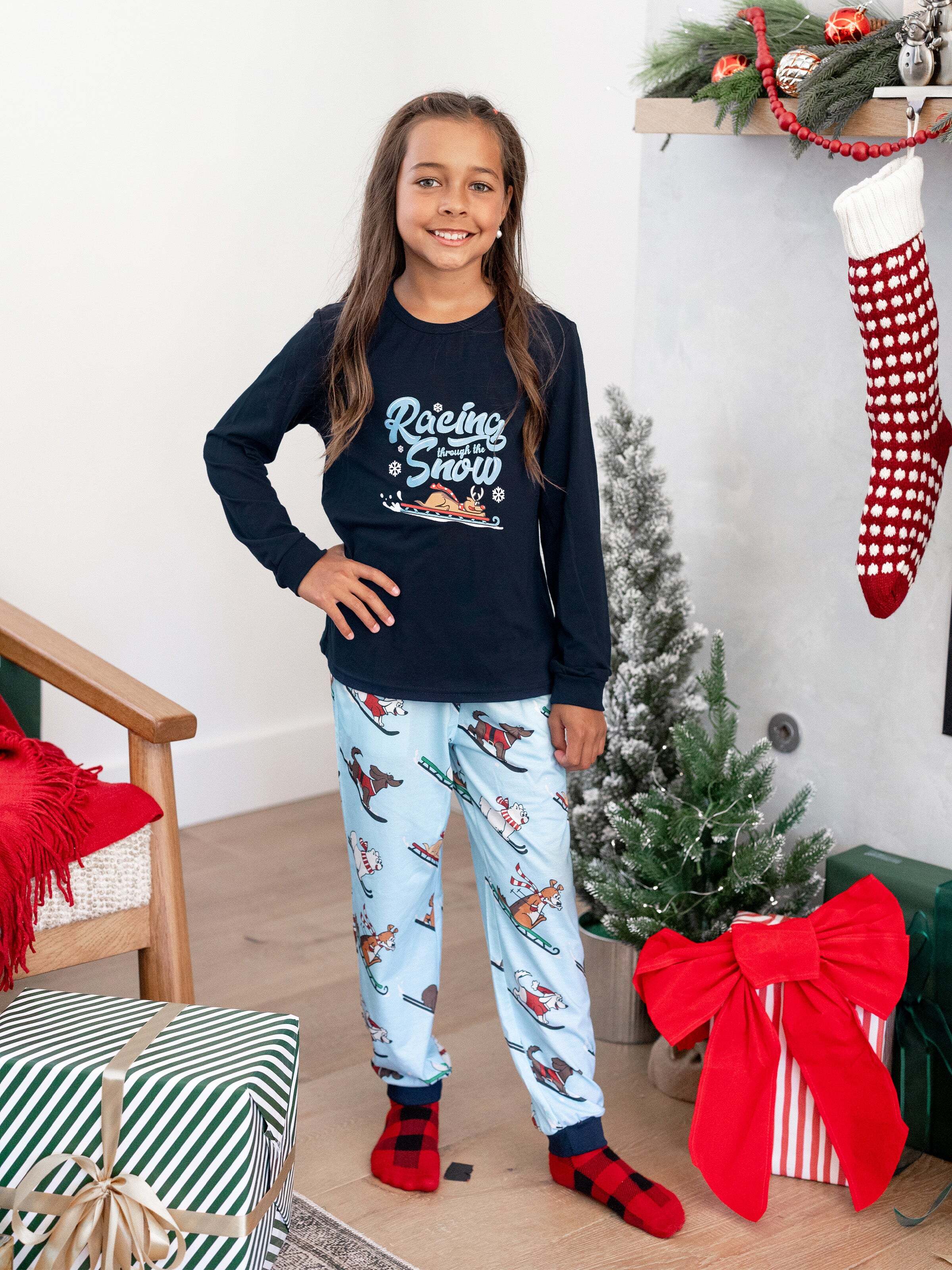 Christmas Matching Family Pajamas Set Sled Dogs Print PJS with Christmas Socks Blue