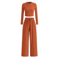 2-Piece Ribbed Knit Long Sleeve Crop Top Wide Leg Pants Matching Lounge Set Loungewear