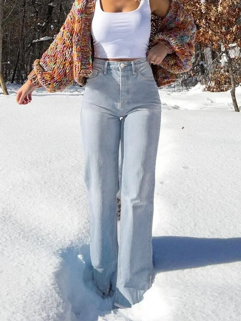 Women's Elastic Washed Casual Light Blue Wide-Leg Jeans