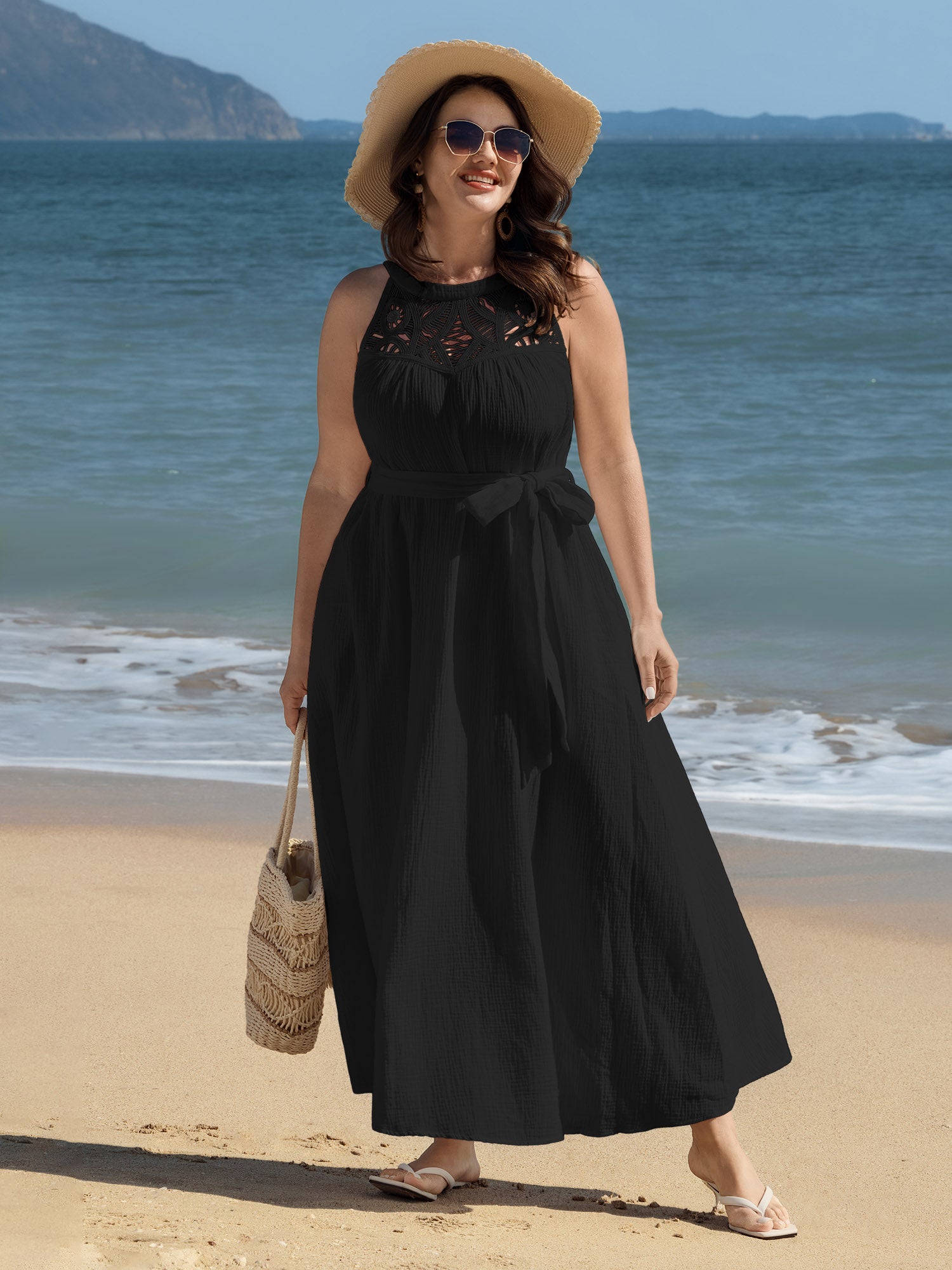 Cotton Sheer Lace Neckline Waist-Tie Maxi Dress