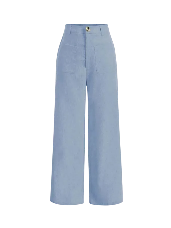 Women's solid color wide-leg pants with pockets and buttons