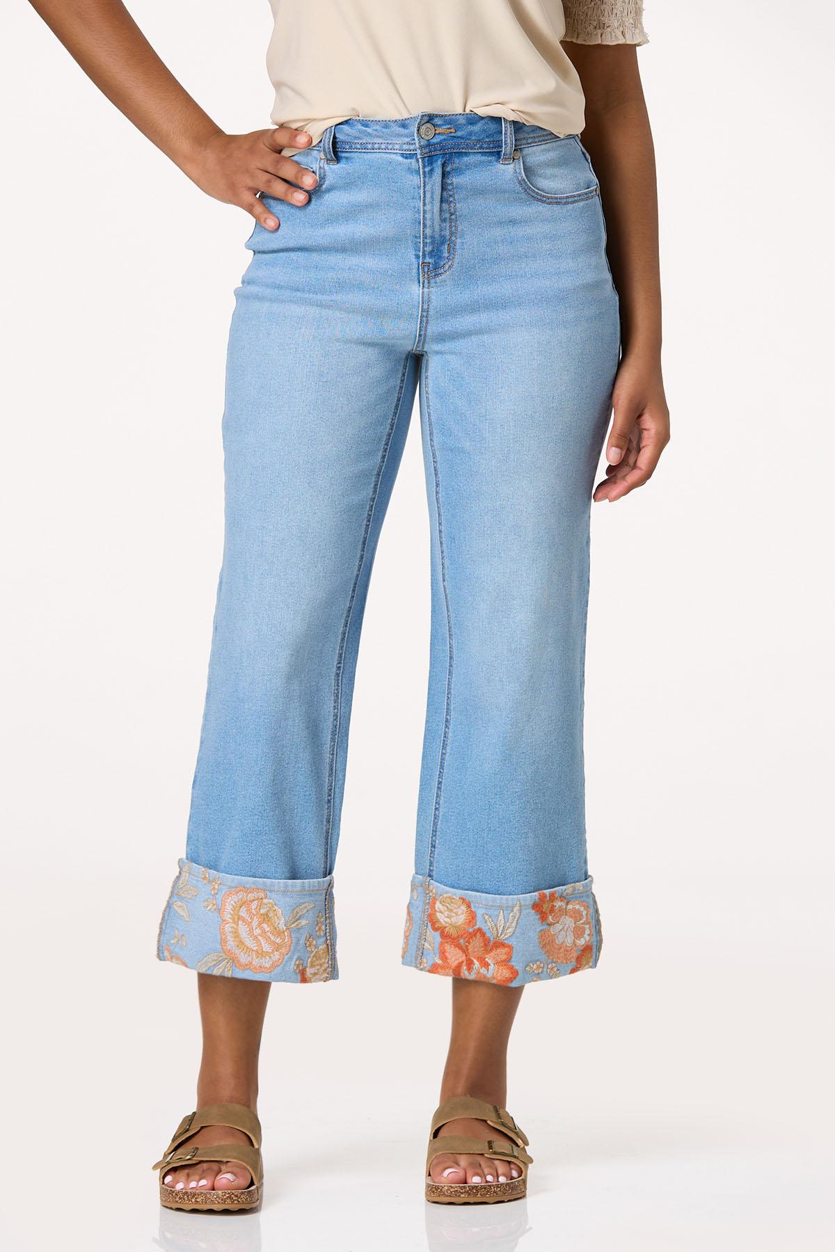 Cropped Floral Embroidered Cuffed Jeans