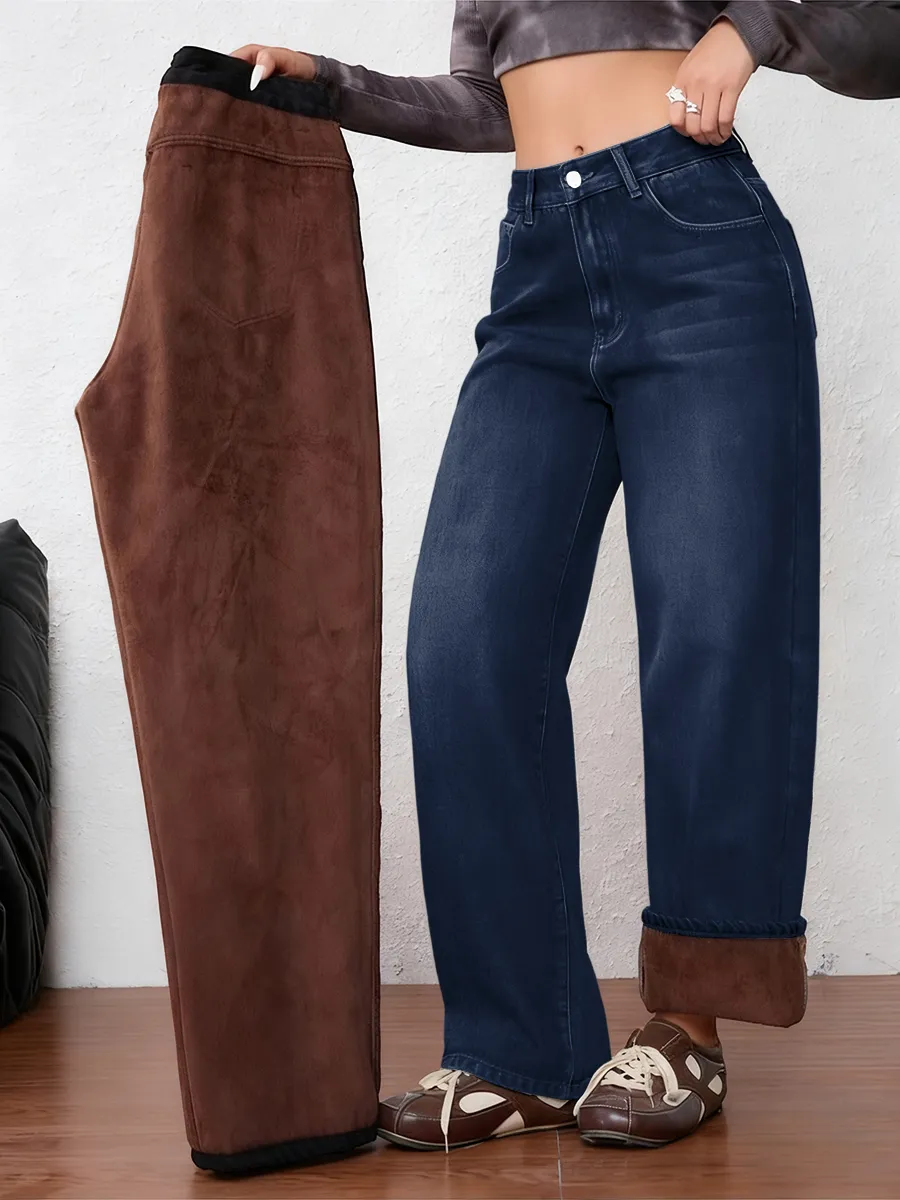 Women's Vintage Fleece-Lined Thickened Fall Winter Wide Leg Jeans