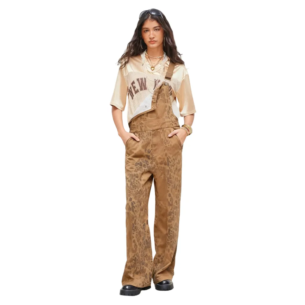 Women's Leopard Buckle Oversized Denim Wide Leg Jumpsuit