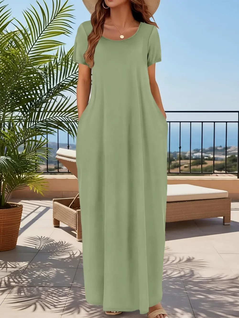 Women's Casual Commuter Plain Minimalist Short Sleeve Dress with Pockets, Loose Fit Summer & Fall, Essential Beachwear