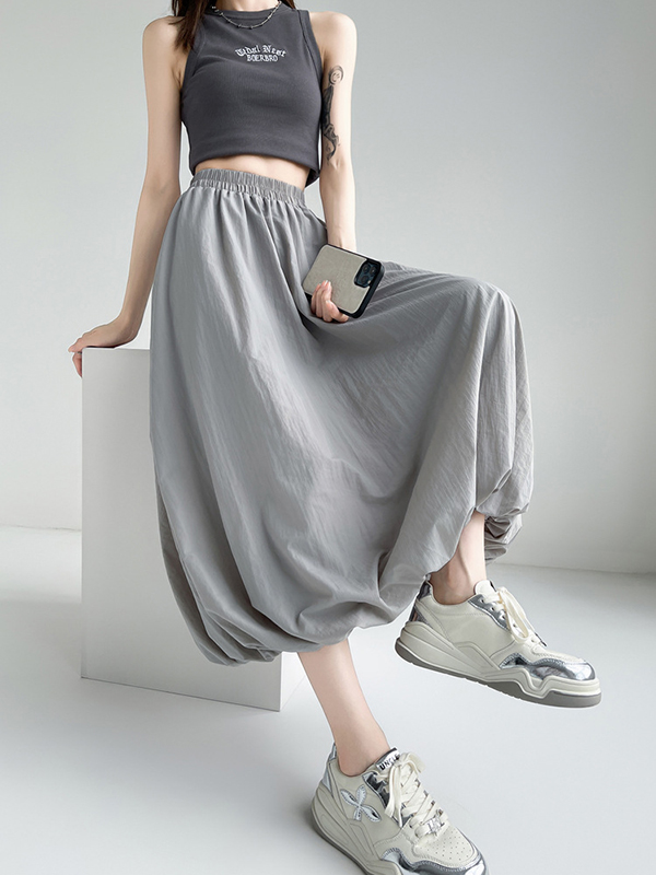 Elasticity Pleated Pockets Solid Color A-Line Loose Skirts Bottoms