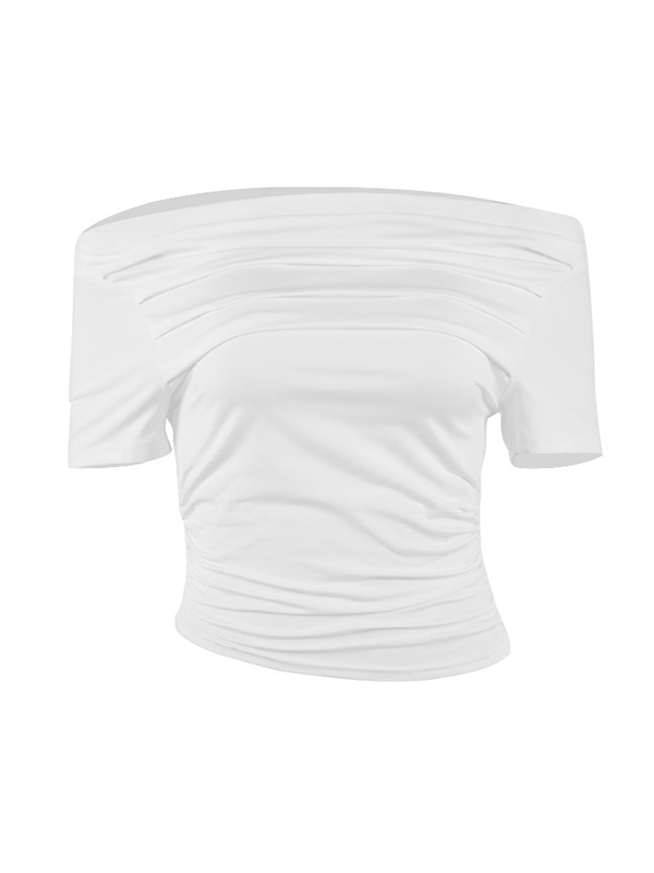 Pleated Solid Color Split-Joint Short Sleeves Skinny Boat Neck T-shirts