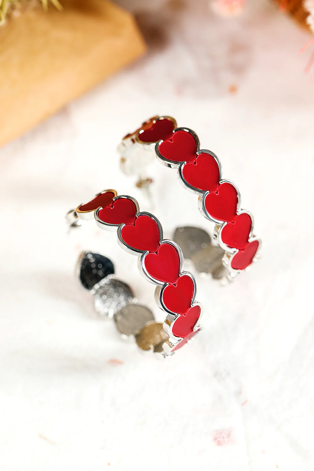 Fiery Red Hearts Decor Alloy C-shape Hoop Earrings
