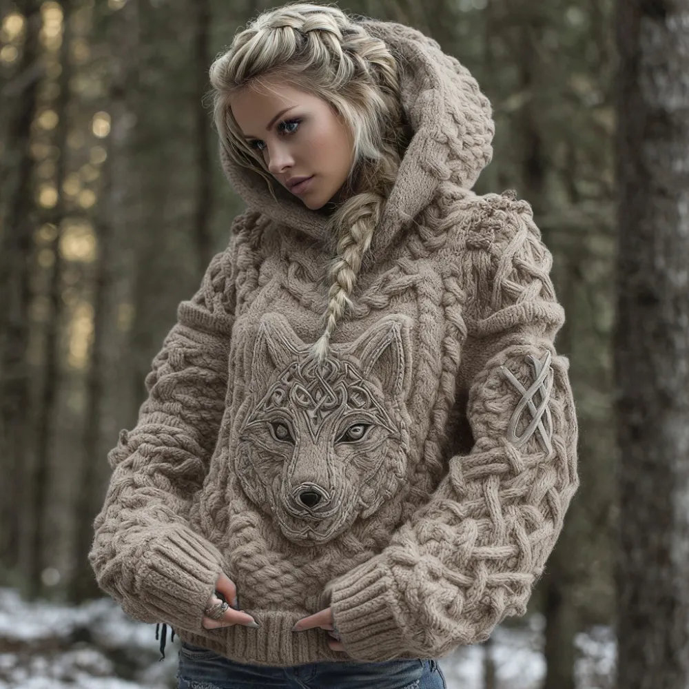 Women's Viking Celtic Wolf Knit Jacquard Warm Hooded Sweater