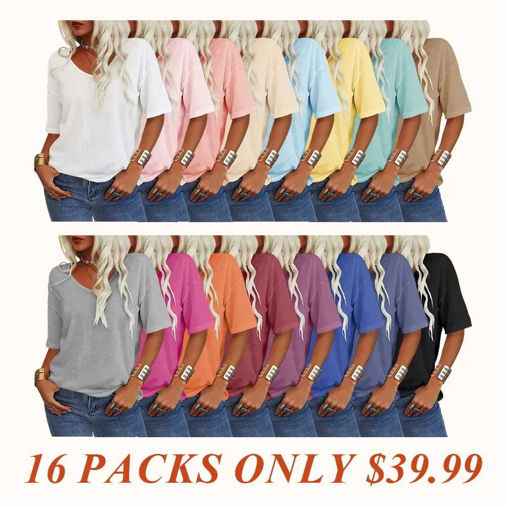 Women Soft V Neck Tshirt Half Sleeve Lightweight Solid Color Loose Fit Minimalist Top