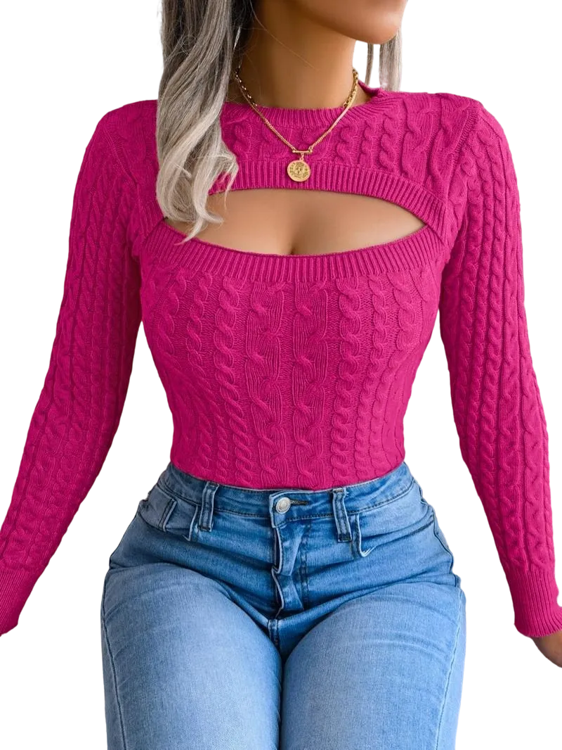 Women's solid color openwork round neck sweater