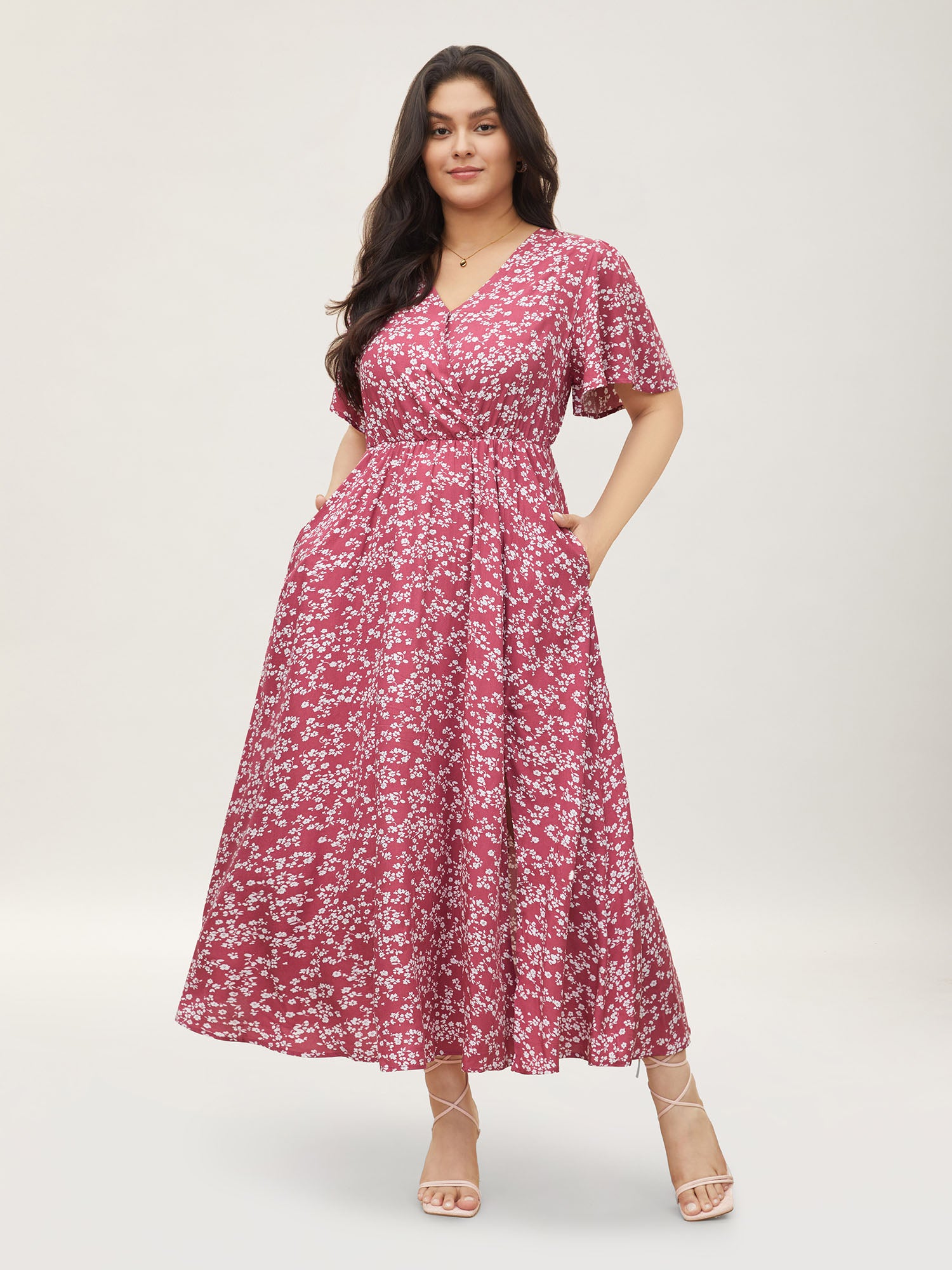 Bloom Dress - Flutter Sleeve Ditsy Floral Pocket Split Maxi Dress