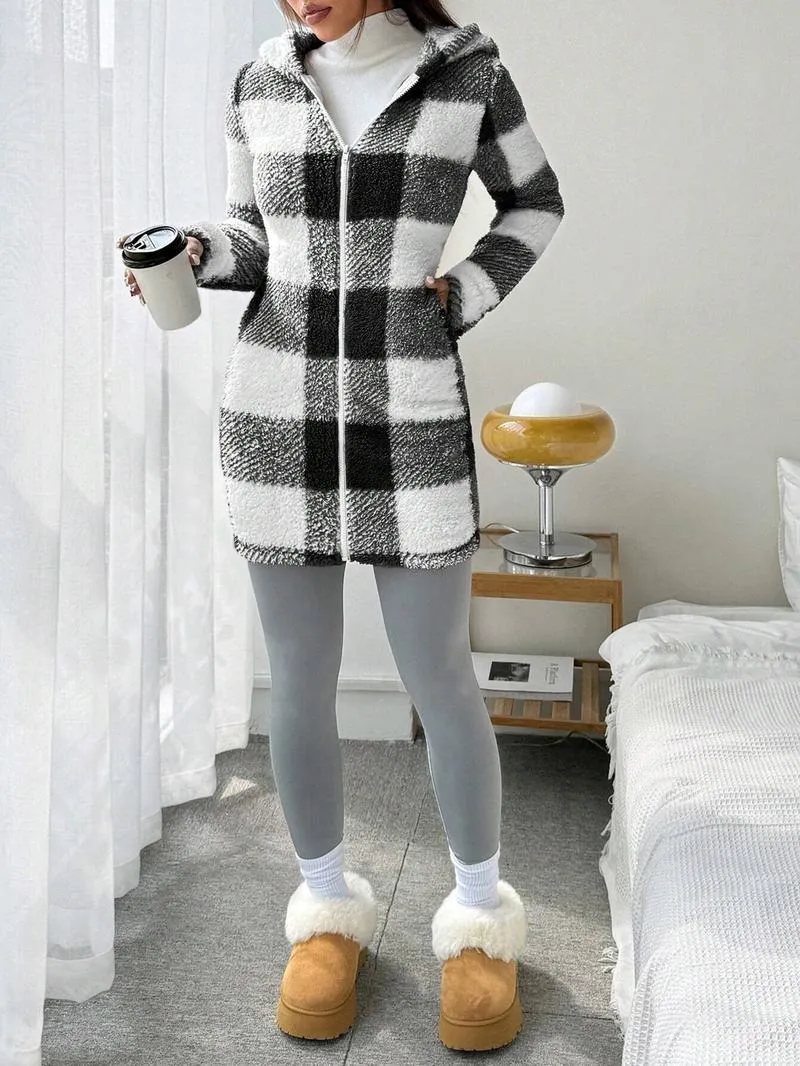 Women's Plaid Fleece Long Sleeve Hooded Coat