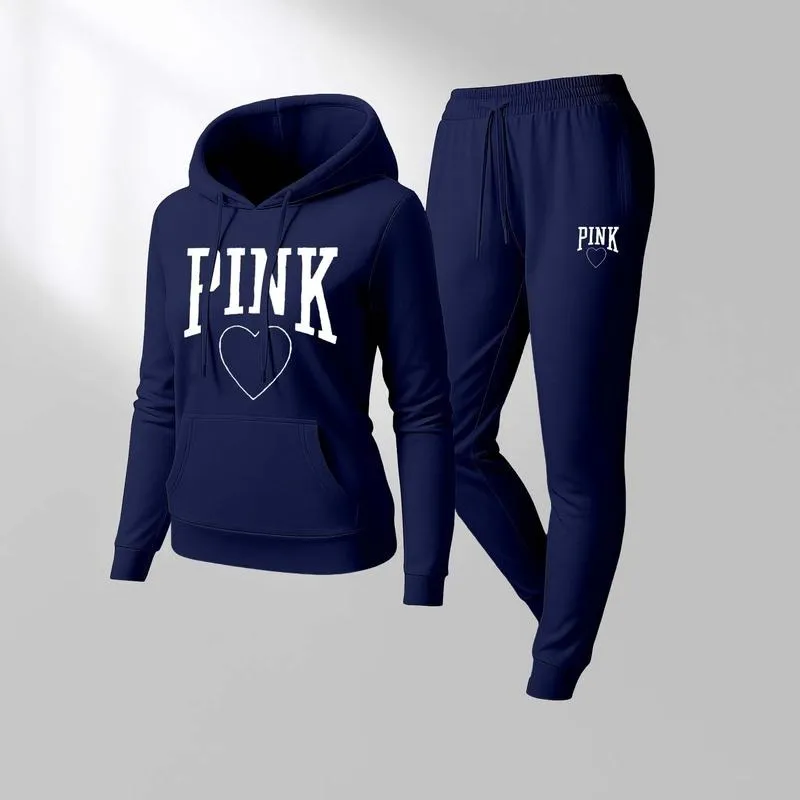Women's Pink Heart Print Hair And Sunglasses Hoodie And Drawstring Track Pants Set