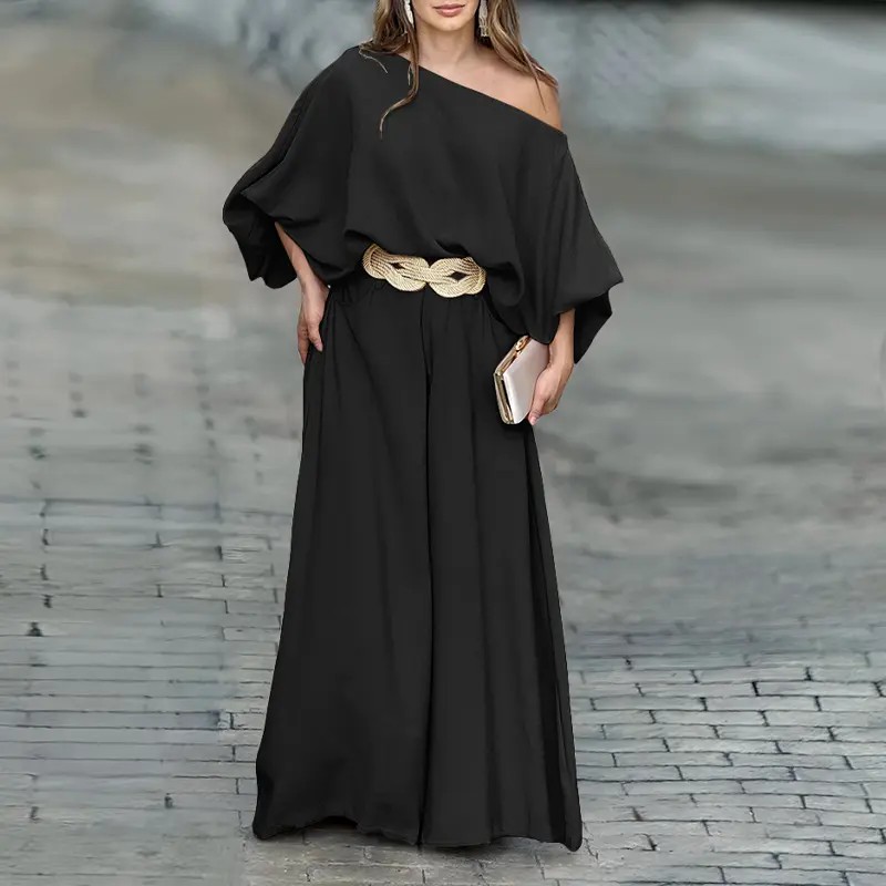 Women's Skew Neck Lantern Sleeve Top & Wide Leg Pants Set