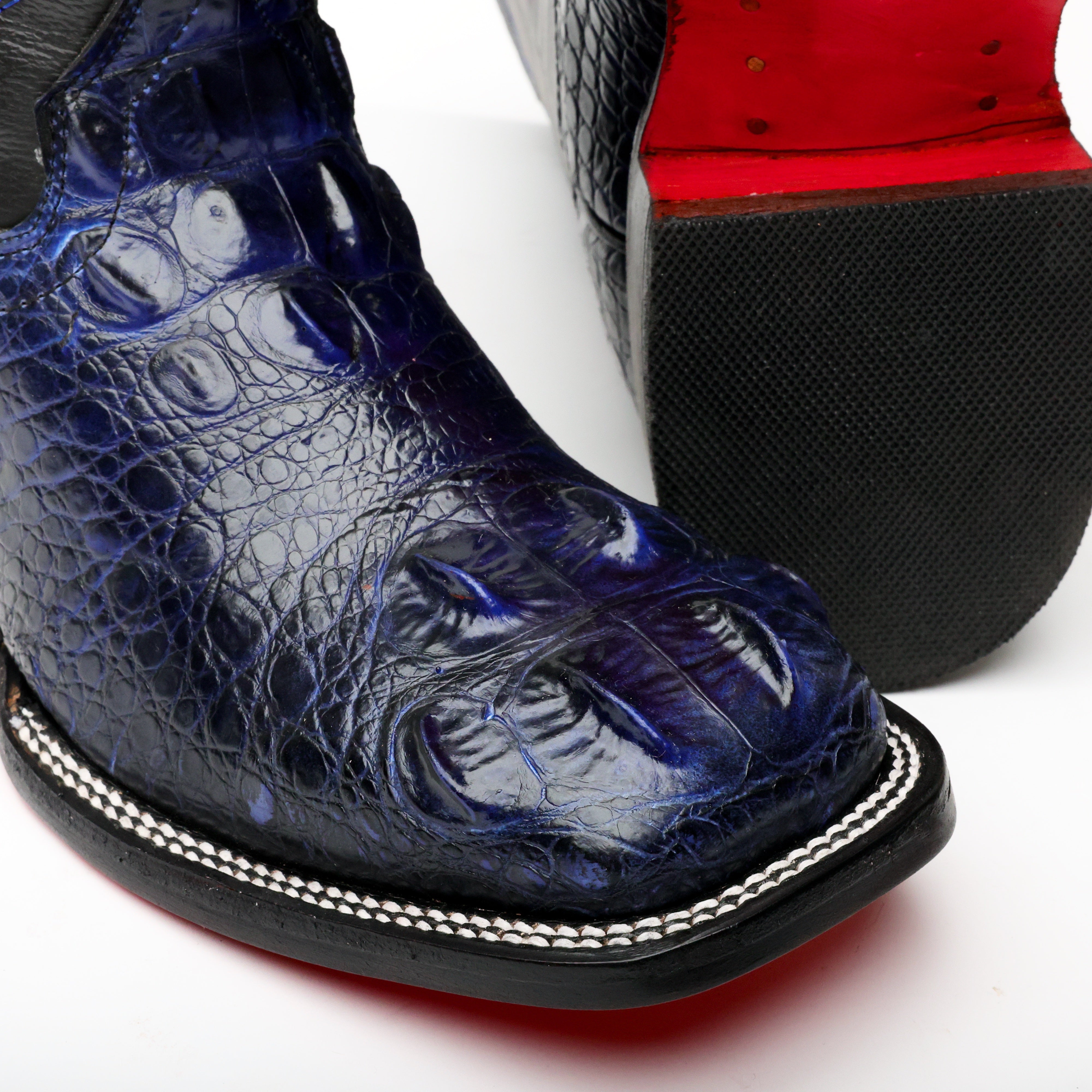 Black/Blue Giant Caiman Neck Leather Boots - Square Toe