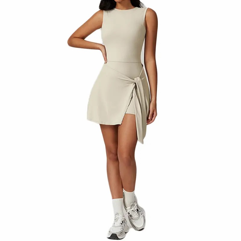 Women's Sleeveless Tennis Dress – High Stretch Knit with Built-in Shorts & Side Ruffle
