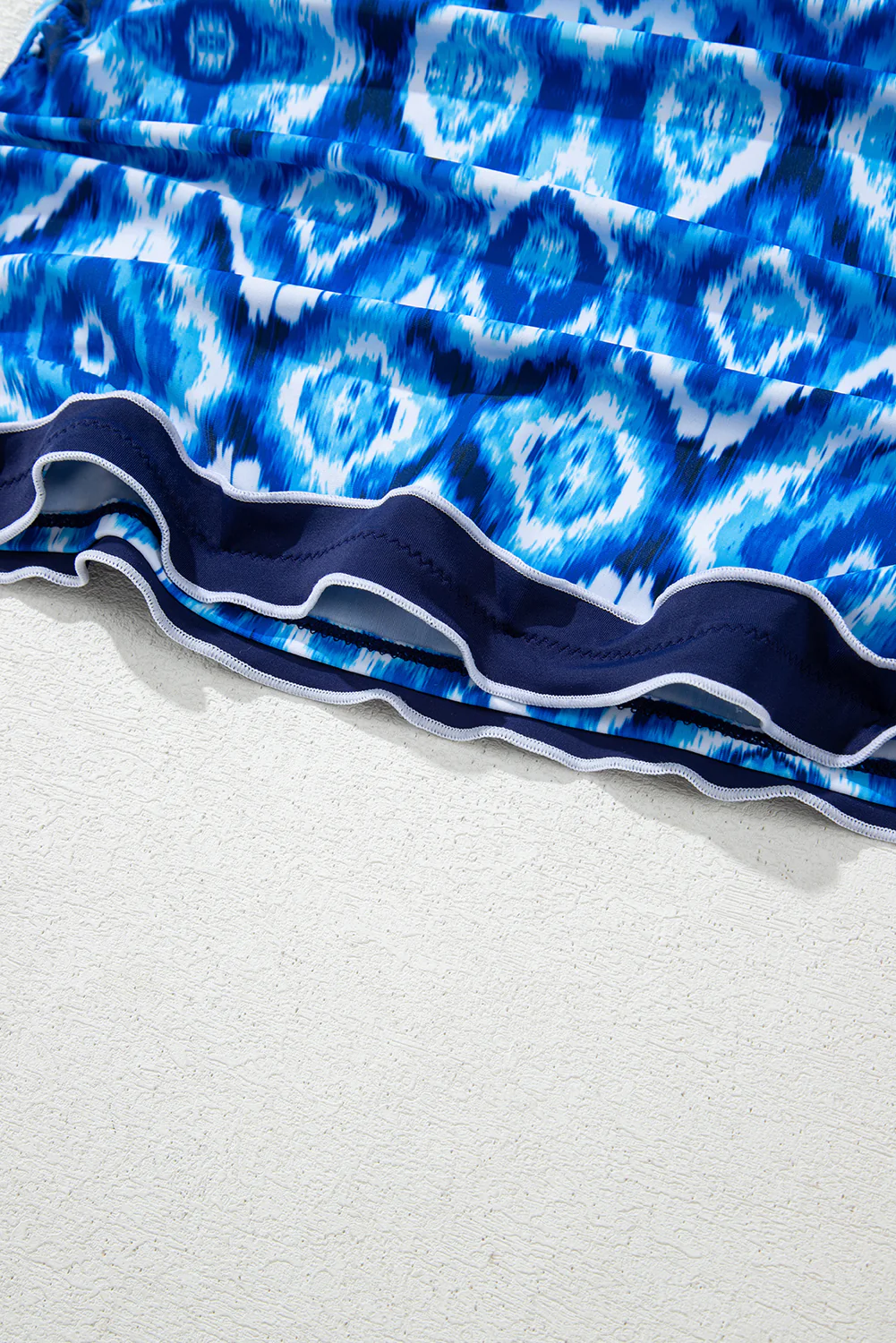 Navy Blue Abstract Print Frilled Trim Spaghetti Straps Tankini Set